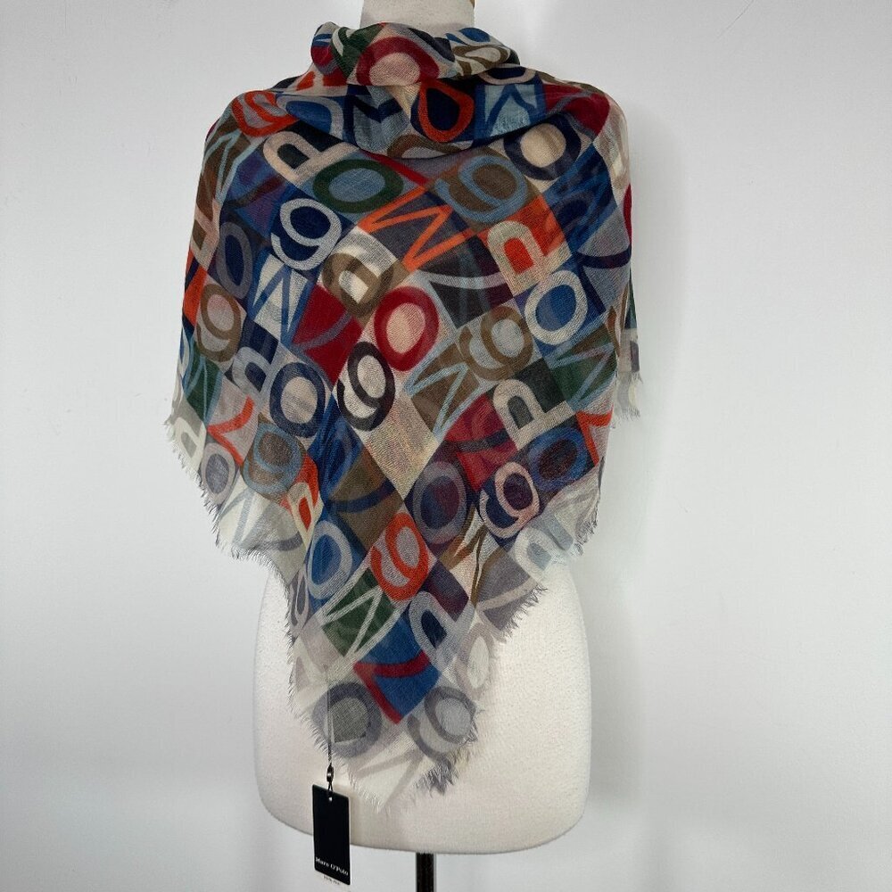 NWT Marco Polo Digital Print Multicolor 100% Wool Woven Scarf 42" x 42"